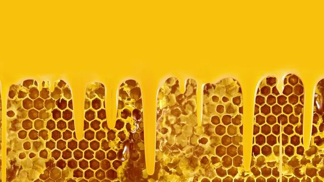 Image of flowing honey against a background of honeycombs