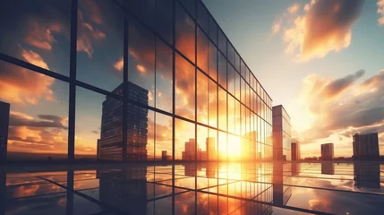 Foto op Canvas Modern office building or business center. High-rise window buildings made of glass reflect the clouds and the sunlight. empty street outside  wall modernity civilization. growing up business © pinkrabbit