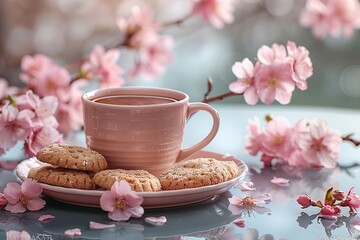 A pink cup of coffee, a few cookies, sakura on the table, close up, Palace of Versailles in Paris,...