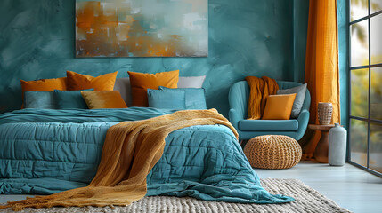 Teal Mint Bedroom Design - Deep Turquoise Bed and Plush Pillows