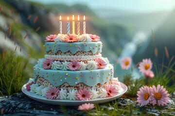 3d cartoon two tier white pink blue birthday cake with candles on white plate, on the green grass - Powered by Adobe