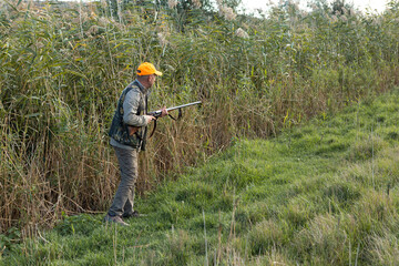 Fototapeta premium Mature man hunter with gun while walking on field.
