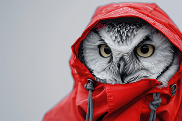 White owl in red raincoat with water droplets - weather adaptability and autumn protection - 790882293