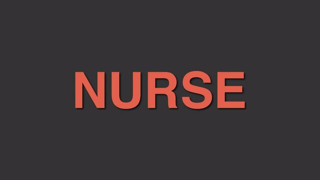 Nurse Profession word Elegant title reveal text animation orange color with shadows on a dark gray background