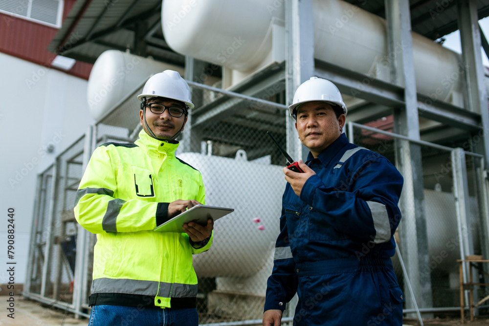 Wall mural portrait of two happy workers of metal stock in orange helmets and gray uniform standing together, p