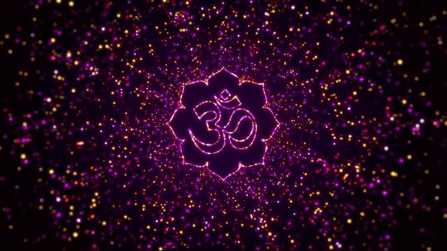 Abstract Digital Space Opener Dark Shiny Purple Yellow Glowing Devanagari Omkara Padma Hinduism Symbol Border Frame With Glitter Sparkle Dots And Lines
