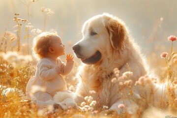 A heartwarming scene of a fluffy dog gently playing with a giggling baby in soft, pastel-colored...