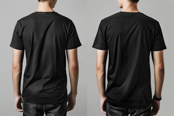 The man wore a plain black sports t-shirt. mockup t-shirt front view and back view