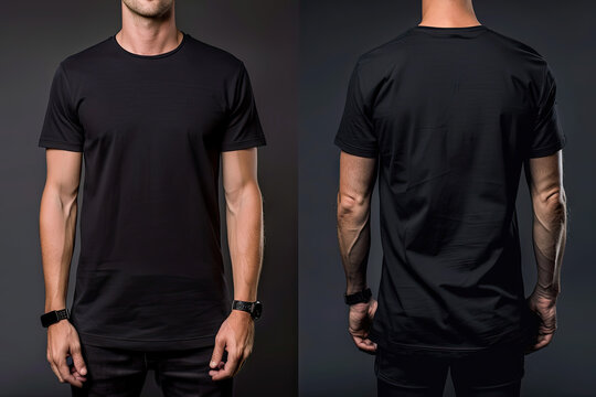 The man wore a plain black sports t-shirt. mockup t-shirt front view and back view