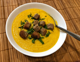 A bowl of pumpkin soup with croutons and herbs