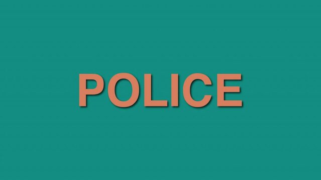 Police Profession word Elegant title reveal text animation orange color with shadows on a jade green background