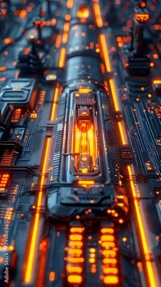 Poster a futuristic cityscape with a glowing orange line running through it. the image has a futuristic and