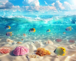 A tranquil beach scene with white sand, sparkling ocean waves, and a rainbow of tropical fish swimming in a coral reef , 3D ,ultra HD,digital photography