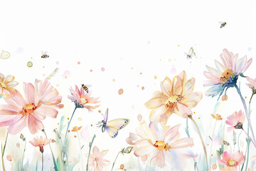 watercolor Daisies border frame with small bees and butterflies