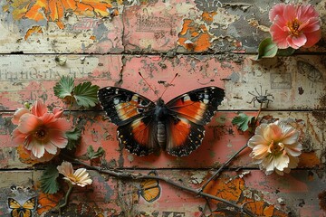 a panel of paintings and a butterfly on a wooden plank, in the style of vibrant florals, pink and...
