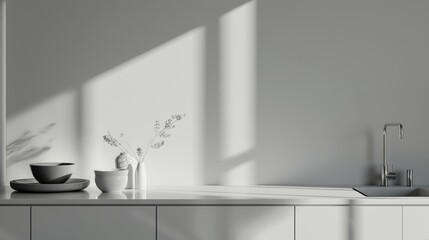Close-up and high-resolution portrayal of a minimalist kitchen with stark white surfaces complemented by a soft grey background, emphasizing a clean and modern aesthetic