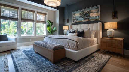 Charcoal and cream bedroom showcasing a balance of color and texture, modern aesthetics with clean lines, and a clutter-free environment reflecting contemporary tastes