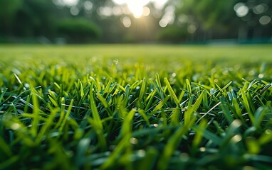 close-up photo of lush green grass on a sports field. Focus on the vibrant green color and the...