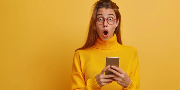 Junge Frau h&auml;lt erstaunt ihr Smartphone in der Hand