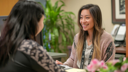 A front desk staff member assisting a client with scheduling appointments and class registration. Beauty, health, reliability, team