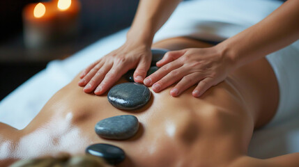 A massage therapist offering hot stone massage therapy to promote relaxation and stress relief. Beauty, health, reliability, team - obrazy, fototapety, plakaty