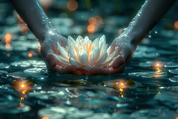 a white lotus glowing in hands, glowing fantasy, light environment,very art, Full HD, super 4K