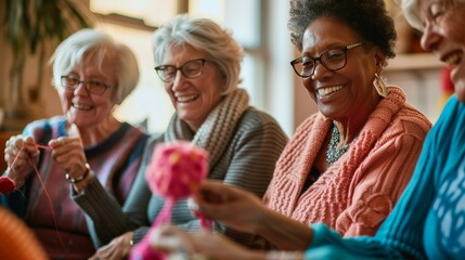 Naklejka premium Senior women participating in a knitting circle, crafting and chatting