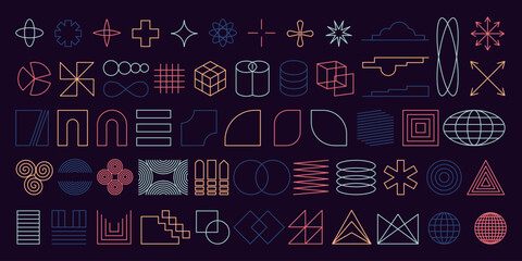 Fototapeta premium Geometric abstract shapes retro collection. Art styles like abstract, brutalist, y2k and futurist, modernist. Unfilled thin line outline icon graphic elements