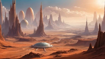 Wandcirkels tuinposter Futuristic marvels on Mars, Conceptual landscape art portraying a sprawling fantasy city amidst the distinct colors of the Martian terrain, hinting at a lost sci-fi civilization. © xKas