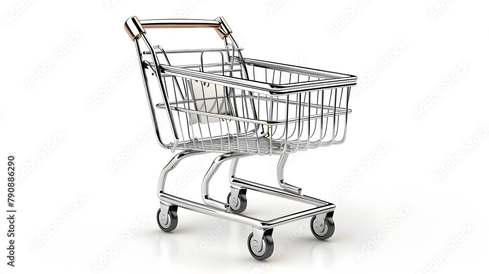 Poster Shopping Cart Icon Representing Ecommerce and Consumerism in Metallic and Shiny 3D Design