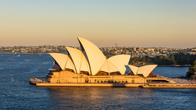 Sydney, New South Wales, Australia; February 29, 2024: View of the Sydney Opera House from the Harbour Bridge at Golden Hour