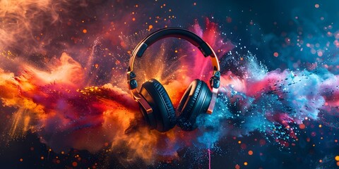 Vibrant Explosion of Colorful Sound and Light Emanating from Powerful Headphones Representing the...