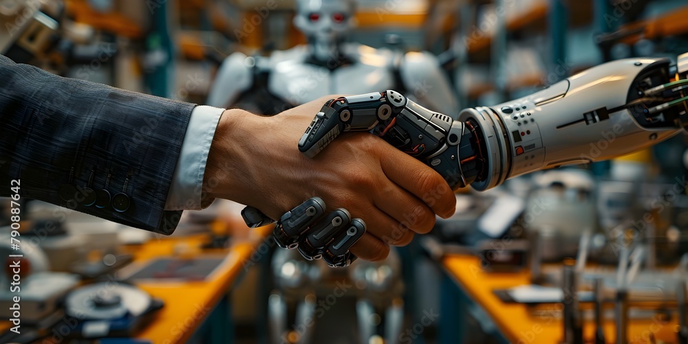 Poster collaborative work environment of human and robotic partners showcased over lab bench with tools and