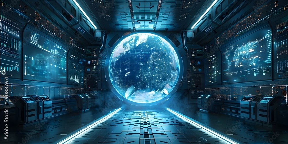 Poster high tech futuristic room with holographic world globe displaying digital data and intelligence