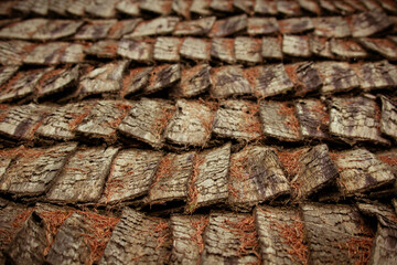 Old wooden shingle roof.