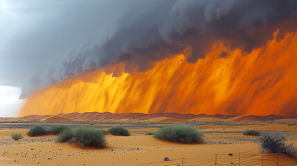 1. Sand Dunes Engulfed: Towering sand dunes swallowed by a swirling wall of dust and sand as a desert storm rolls in, with the ominous sky casting an eerie orange glow over the lan - obrazy, fototapety, plakaty