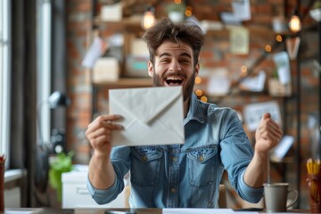 Portrait of an excited, happy young man sitting at a desk in a modern office and holding an envelope with a letter, feeling good about his corporate job idea in the style of claymation