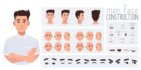 Business man avatar creation  suitable for animation. Generator, constructor of diverse views of eyes, lips, emotion expressions mouth animation and lip sync. Male character face construction. 