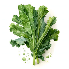 Fototapeta premium Kale cut, floating in wavy water, Top view, vegetable, watercolor illustration, single object, white background for removing background.
