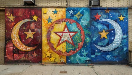 A colorful mural depicting the symbols of Jewish, Muslim and Christian traditions on a wall in an urban setting. The artwork includes stars of David and Islamic crescent moons alongside cross shapes.