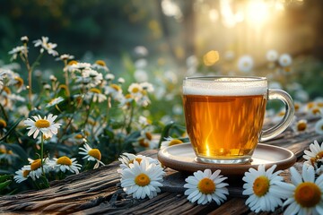 Chamomile tea outdoors with copy space - obrazy, fototapety, plakaty