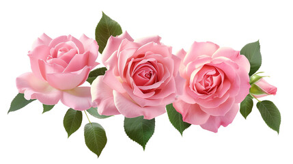 Light pink rose flowers and leaves isolated on white background. Clip art image.