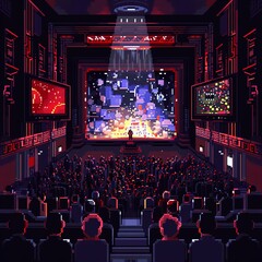 A bustling pixel art film festival with stars and fans.