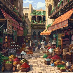 A bustling pixel art street market with exotic goods and spices.