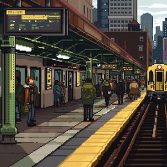 A bustling pixel art subway station during rush hour.