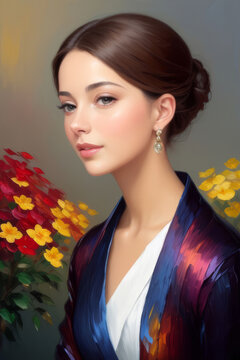 Oil painting portrait of luxurious and beautiful woman, abstract and artistic