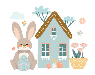 Happy Easter greeting card with rabbit and eggs in pastel colors spring holiday celebration card horizontal