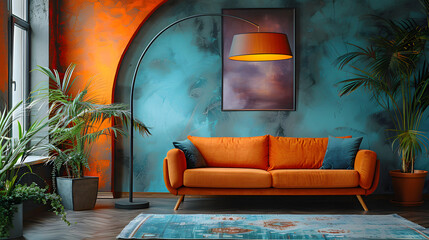 Vibrant Modern Room with Orange-Teal Accent Wall and Gallery Exhibition