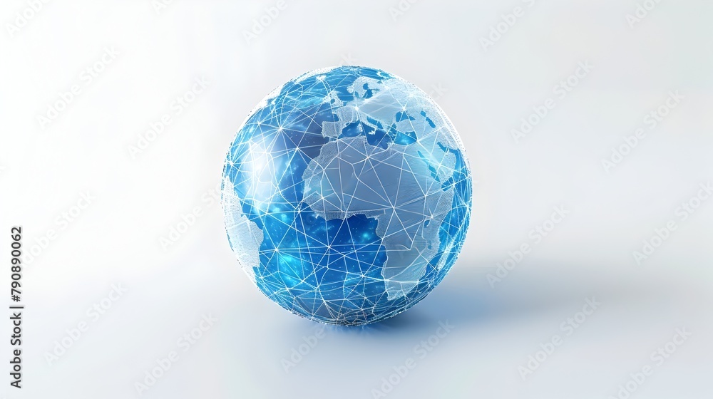 Poster visualizing global digital connectivity and technological advancement with 3d geometric globe icon