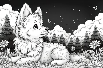Craft a charming coloring page featuring a lovable kawaii husky depicted in a simple line art style,